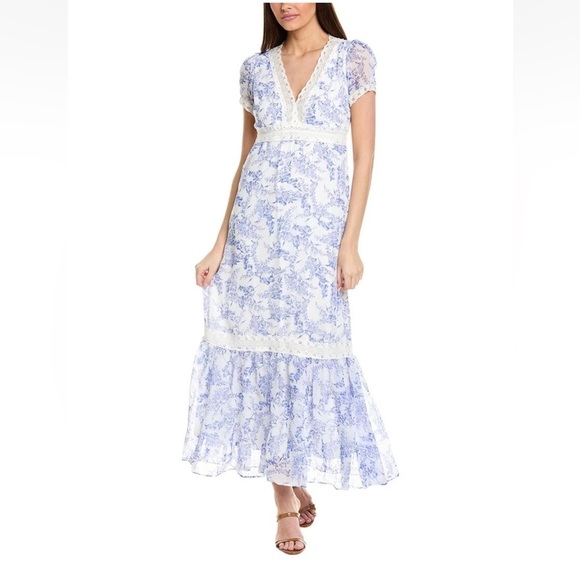 TAYLOR  Blue Floral Print short Sleeve Maxi Dress sz 14 - Picture 1 of 14